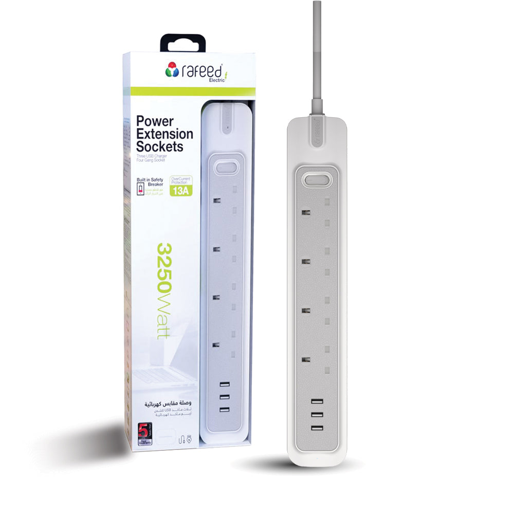 مقابس تمديد طاقة رباعية / 3 منافذ USB 