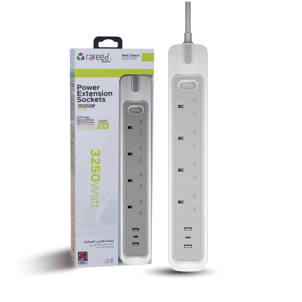 مقابس كهربائية رباعية المنافذ / منفذان USB-A ومنفذ USB من النوع C / مقابس تمديد الطاقة 